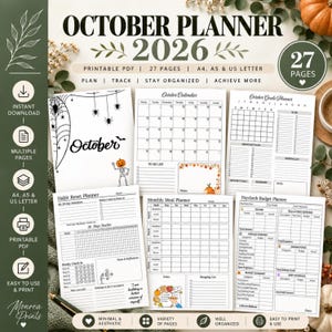 Puede incluir: Un conjunto de planificador imprimible para octubre de 2026 con 27 páginas en tamaños A4, A5 y US Letter. Incluye un calendario, rastreador de hábitos, planificador de comidas y hojas de presupuesto con gráficos en blanco y negro de temática otoñal.