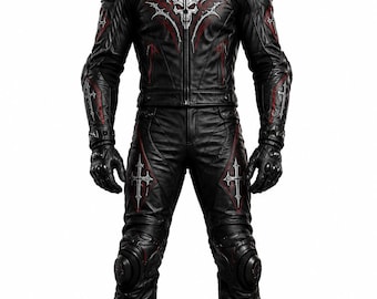 Gothic Leather Motorcycle Suit, Black Red Racing Jumpsuit, Armored Biker Gear (Gloves, Boots)
