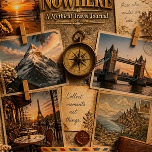 May include: A travel journal titled Passport to Nowhere: A Mythical Travel Journal, featuring a brass compass, vintage-style photographs of mountains, Tower Bridge, and the Eiffel Tower, handwritten notes, a wax seal, and a dark blue passport.