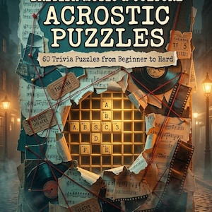 May include: A book cover titled British Music & Culture Acrostic Puzzles by Gabriel Dumitru. The design features torn sheet music, vinyl records, and theatre tickets connected by red string over a grid of letter tiles with the text 60 Trivia Puzzles.