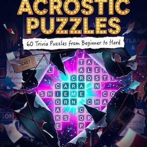 Peut inclure: Une couverture de livre intitulée American Music & Culture Acrostic Puzzles avec le sous-titre 60 Trivia Puzzles from Beginner to Hard par Gabriel Dumitru. Le design présente une grille de mots croisés lumineuse entourée de papier déchiré.