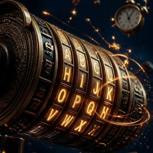 May include: A cylindrical brass combination lock featuring rotating rings with illuminated golden letters of the alphabet. Floating in the dark background are a small backpack, a pencil, an analogue alarm clock, and a letter B.