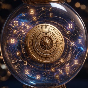 Puede incluir: Un colgante esférico de cristal con un intrincado dial mecánico dorado en el centro, rodeado de letras B, K y E brillantes y flotantes. El orbe está encerrado en filigrana de metal dorado ornamentado en la parte superior e inferior, suspendido por una cadena dorada.