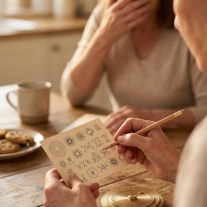 以下が含まれることがあります： 太陽、円、三角形など、さまざまな黒い幾何学模様がグリッド状に描かれたオフホワイトの長方形のカード。木製の鉛筆がカードに当てられており、近くには目盛りが刻印された真鍮製の円形ダイヤルが置かれている。