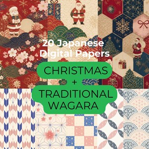 May include: A collection of 20 digital papers featuring Christmas and traditional Japanese Wagara patterns. The designs include illustrations of Santa Claus, snowflakes, cherry blossoms, and geometric motifs in red, blue, gold, and white colour palettes.