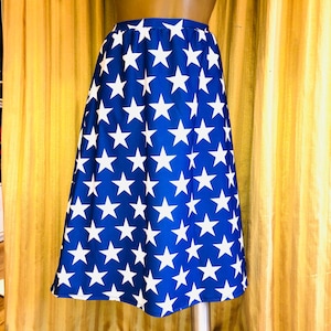 Stars knee length skirt. Made in USA. Royal blue and white