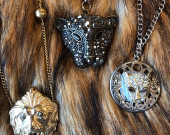 Lion face necklace. 3 style cat medallion. Made in USA