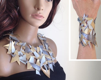 Metallic Leather-look necklace wrist cuff. Handmade. OOAK