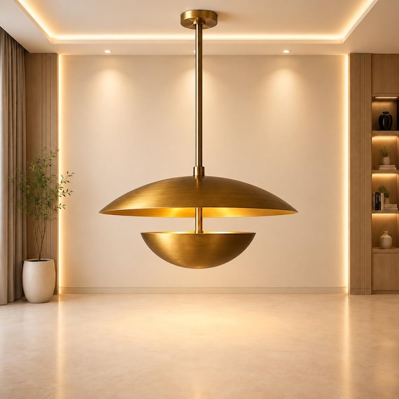 A handmade brass double-dome chandelier that channels authentic Italian mid-century design — the kind of statement light that makes a room look intentionally curated, not just furnished.