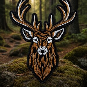 May include: An embroidered patch featuring a stylized deer head with large antlers. The design uses shades of brown, tan, and white thread against a black background, creating a detailed portrait of the animal with visible stitching textures.