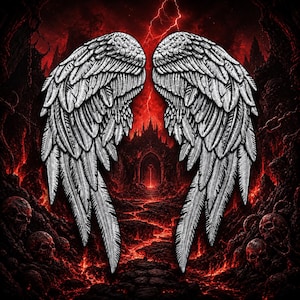 May include: A pair of large, detailed silver-toned wings centered against a dark, fiery background featuring a glowing red landscape, a distant gothic structure, lightning, and scattered skulls in the foreground, creating a high-contrast visual.