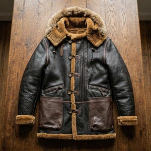 Mens B3 Shearling Leather Jacket Vintage Sheepskin Flight Bomber Coat Hooded Gift For Him