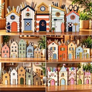 Op de afbeelding: Een collectie houten bureau-organizers in de vorm van huisjes met diverse architecturale stijlen, waaronder strandhuisjes, Europese herenhuizen en kastelen, ontworpen voor het opbergen van pennen, potloden en scharen, met een dikte van 3mm.