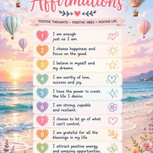 May include: A poster titled Daily Affirmations featuring a beach sunset background with hot air balloons and flowers. It lists ten numbered affirmations in pastel-colored hearts, each paired with a small icon, and includes the text Believe in yourself and you're unstoppable!