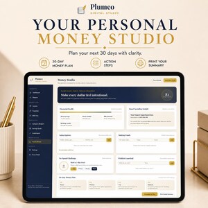 May include: A digital tablet displaying the Plumeo Digital Studio interface, titled Your Personal Money Studio. The screen shows a financial dashboard with sections for money flow, financial health, smart spending insights, subscriptions, sinking funds, a no-spend challenge, and a 30-day money plan.