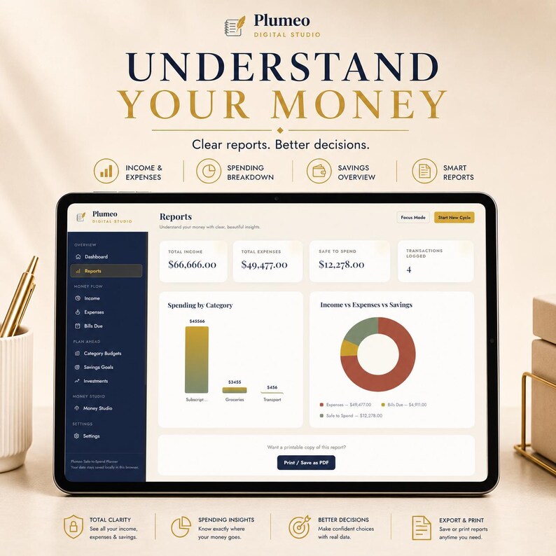 May include: A digital tablet displaying the Plumeo Digital Studio financial dashboard with the text "UNDERSTAND YOUR MONEY" and "Clear reports. Better decisions." The screen shows various financial metrics, including income, expenses, and savings, presented through bar charts and a donut chart.