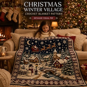 May include: A crochet blanket featuring a Christmas winter village scene with a snowman, a stone bridge, snow-covered houses, and Santa in a sleigh with reindeer. The text reads CHRISTMAS WINTER VILLAGE CROCHET BLANKET PATTERN DETAILED VISUAL PDF.