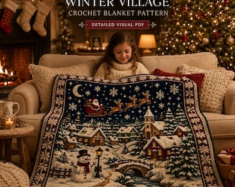 Christmas Crochet Blanket Pattern, Winter Village Afghan PDF, Snowflake Graphghan Pattern, Santa Crochet Pattern, Christmas Blanket