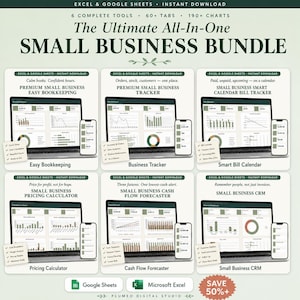 Op de afbeelding: Een digitaal pakket voor het beheer van kleine bedrijven met zes tools voor Excel en Google Sheets. De afbeelding toont dashboards voor boekhouding, tracking, facturering, prijsbepaling, cashflow en CRM op laptop- en smartphoneschermen.