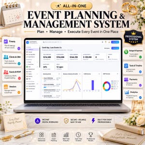 May include: A digital event planning and management system displayed on a laptop screen, featuring a dashboard with revenue, expense, and profit metrics, event lists, and task tracking, surrounded by icons for events, clients, and analytics.