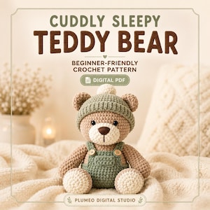 May include: A digital PDF crochet pattern titled CUDDLY SLEEPY TEDDY BEAR. The image features a crocheted teddy bear in light brown with a cream muzzle, wearing a sage green beanie with a pom-pom and matching sage green overalls with two buttons.