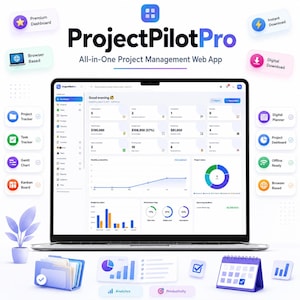 Könnte beinhalten: Ein Laptop zeigt das Dashboard der Web-App ProjectPilotPro mit Projektmanagement-Metriken, Diagrammen und Grafiken. Um den Bildschirm herum befinden sich Symbole für Projektverfolgung, Aufgabenverwaltung und digitale Planung.