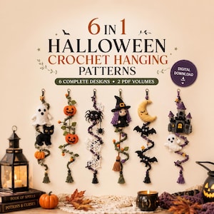 Puede incluir: Una descarga digital con 6 patrones de ganchillo para colgar de Halloween, con 6 diseños completos en 2 volúmenes PDF. La imagen muestra seis decoraciones verticales de ganchillo que incluyen un fantasma, calabazas, araña, bruja, luna y castillo.