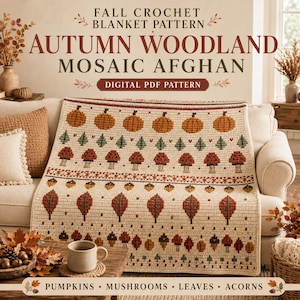 May include: A digital PDF crochet pattern titled Autumn Woodland Mosaic Afghan. The blanket features rows of pumpkins, pine trees, mushrooms, acorns, and leaves in orange, brown, and green on a cream background. Text includes Fall Crochet Blanket Pattern.