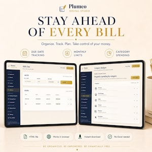 May include: Two tablets displaying the Plumeo Digital Studio financial tracking interface. The screens show 'Bills Due' and 'Category Budgets' dashboards with text including 'STAY AHEAD OF EVERY BILL', 'Organize. Track. Plan. Take control of your money.'