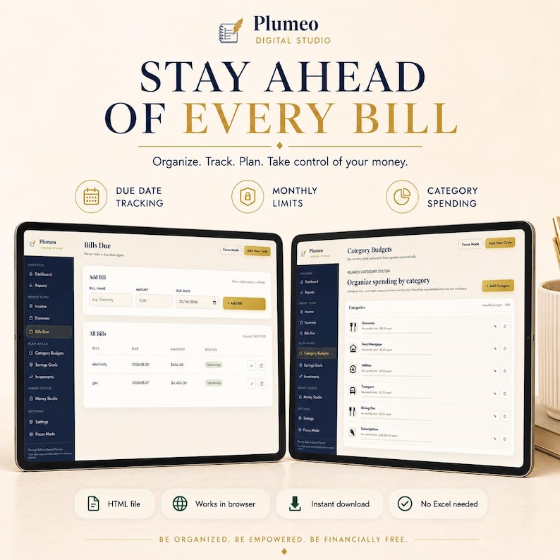 May include: Two tablets displaying the Plumeo Digital Studio financial tracking interface. The screens show 'Bills Due' and 'Category Budgets' dashboards with text including 'STAY AHEAD OF EVERY BILL', 'Organize. Track. Plan. Take control of your money.'