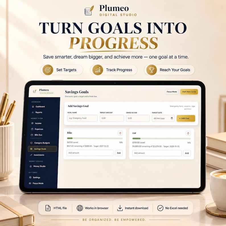 May include: A digital tablet displays the Plumeo Digital Studio savings goals interface. The screen shows input fields for goal names, target amounts, and dates, alongside progress bars for bike and car savings. Text includes TURN GOALS INTO PROGRESS.