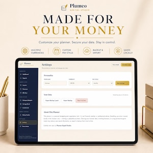 May include: A digital tablet displaying the Plumeo Digital Studio settings interface for a personal budgeting planner. The screen shows options for currency, pay cycles, and data management, with text headers reading MADE FOR YOUR MONEY.