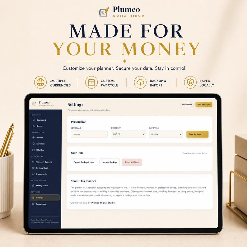 May include: A digital tablet displaying the Plumeo Digital Studio settings interface for a personal budgeting planner. The screen shows options for currency, pay cycles, and data management, with text headers reading MADE FOR YOUR MONEY.