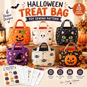 Könnte beinhalten: Ein PDF-Schnittmuster für sechs Halloween-Leckerlibeutel. Die Taschen zeigen gesteppte Designs, darunter einen Kürbis, ein Gespenst, eine schwarze Katze, einen Hexenhut, ein Spinnennetz und einen weiteren Kürbis.
