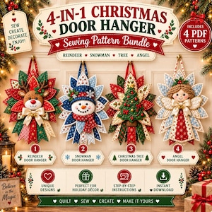以下が含まれることがあります： トナカイ、雪だるま、クリスマスツリー、天使の4種類のキルト製ドアハンガーの縫製パターンセット。各パターンのテキストラベル、ヒイラギの装飾、説明用のアイコンが含まれています。4-in-1のクリスマスドアハンガー縫製パターンバンドルです。