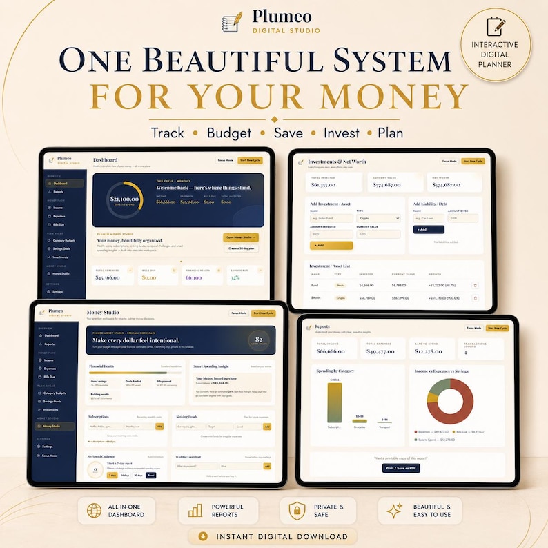 May include: An interactive digital planner by Plumeo Digital Studio featuring four tablet screens displaying financial tracking software. The interface includes dashboards for money management, investments, net worth, and reports with charts and graphs.