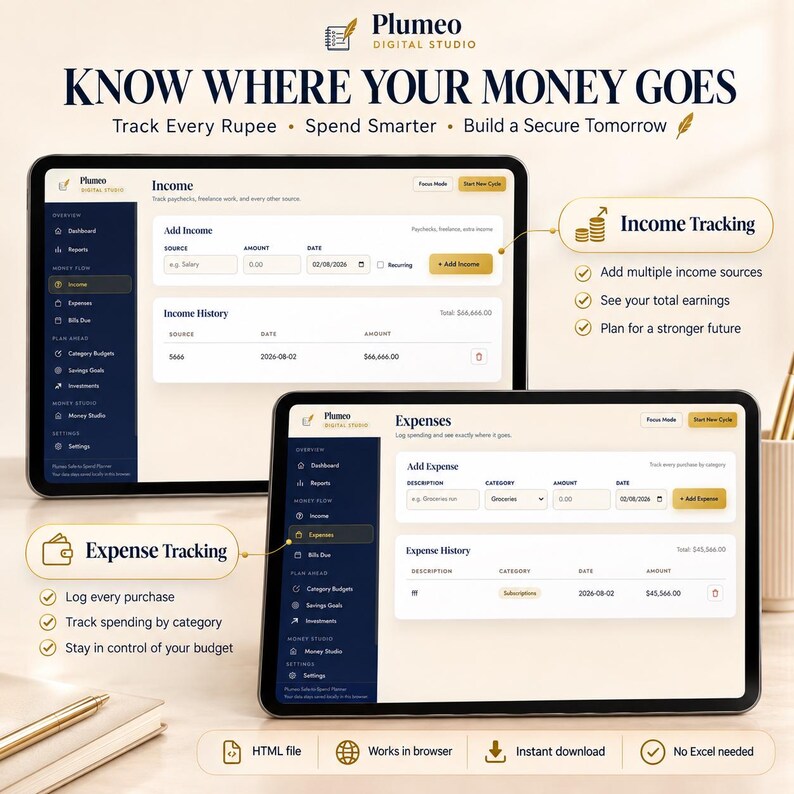 May include: Two tablets displaying the Plumeo Digital Studio interface for financial management. The screens show income and expense tracking dashboards with fields for source, amount, date, and history. Text includes Know Where Your Money Goes.