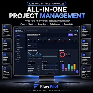 May include: A computer monitor displaying the FlowPilot web app dashboard with a dark interface. The screen shows project metrics, productivity charts, and task lists. Surrounding the monitor are eight feature icons labeled Project Tracker, Gantt Chart, Kanban Board, Task Manager, Team Planner, Business Planner, Eisenhower Matrix, and Productivity Tools.
