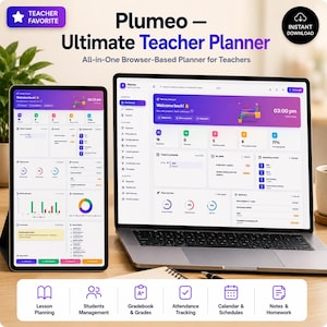 Könnte beinhalten: Eine digitale Lehrerplaner-Oberfläche auf einem Laptop- und Tablet-Bildschirm. Das Dashboard zeigt ein violett-weißes Farbschema mit Bereichen für Schülerverwaltung, Unterrichtsplanung, Anwesenheitsverfolgung und Notenübersichten.