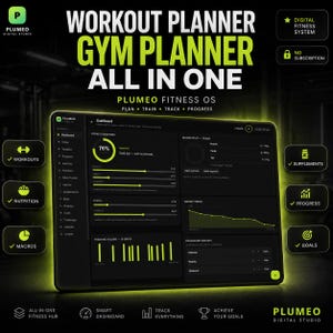 May include: A digital workout and gym planner dashboard titled Plumeo Fitness OS. The interface features a dark theme with lime green accents, displaying a readiness score, macro splits, weight trends, and training volume widgets. Includes icons for workouts, nutrition, macros, supplements, progress, and goals.