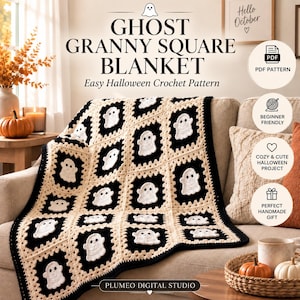 May include: A crochet blanket featuring a repeating granny square pattern with white ghost motifs on black backgrounds. The text reads GHOST GRANNY SQUARE BLANKET, Easy Halloween Crochet Pattern, and PLUMEO DIGITAL STUDIO, with PDF and gift icons.