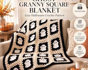 CROCHET PATTERN - Ghost Granny Square Blanket Pattern Easy Halloween Crochet Throw Baby Blanket Afghan Instant Digital Download PDF
