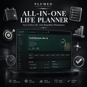 Könnte beinhalten: Eine digitale Lebensplaner-Oberfläche auf einem Bildschirm, mit dunklem Design und grünen Akzenten. Der Text lautet ALL-IN-ONE LIFE PLANNER, Your Entire Life. One Beautiful Workspace. Symbole umfassen Kalender, Checkliste, Zielscheibe, Uhr und Balkendiagramm.