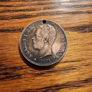 1871/74 Spain 5 Peseta  km 666 vf silver holed