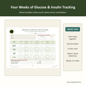 May include: A monthly diabetes care tracker printable sheet with fields for name, week, and a sliding scale. The grid includes columns for days of the week and rows for tracking glucose and insulin before breakfast, lunch, dinner, and at bedtime.