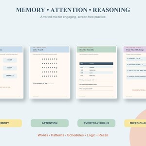 K&ouml;nnte beinhalten: Vier kognitive &Uuml;bungsseiten mit den Titeln Memory, Attention, Reasoning und Final Mixed Challenge. Die Seiten enthalten Aufgaben wie das Merken von Gegenst&auml;nden, Buchstabensuche, Stundenpl&auml;ne lesen und Logikr&auml;tsel in Schwarz auf cremefarbenem Papier.
