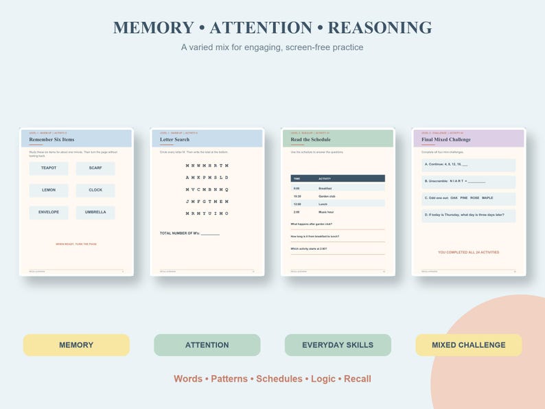 K&ouml;nnte beinhalten: Vier kognitive &Uuml;bungsseiten mit den Titeln Memory, Attention, Reasoning und Final Mixed Challenge. Die Seiten enthalten Aufgaben wie das Merken von Gegenst&auml;nden, Buchstabensuche, Stundenpl&auml;ne lesen und Logikr&auml;tsel in Schwarz auf cremefarbenem Papier.