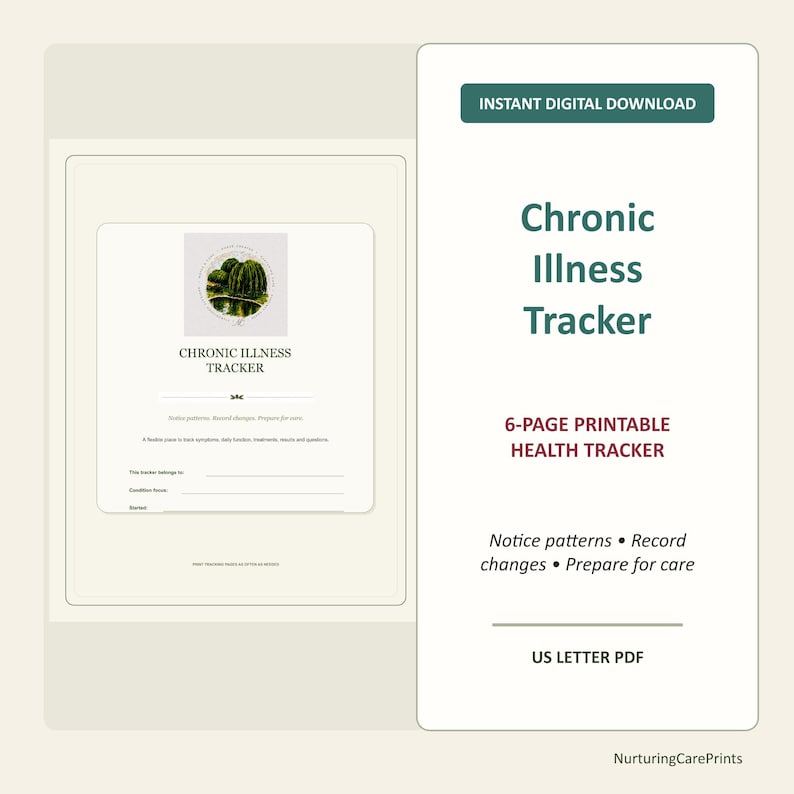 May include: A digital document titled Chronic Illness Tracker, featuring a 6-page printable health tracker in US Letter PDF format. The design includes a botanical illustration of a cactus, with text fields for personal details and health notes.