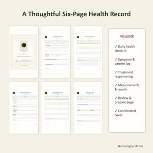 May include: A six-page health record set featuring a cover page titled Chronic Illness Tracker and five log pages for daily health, symptoms, treatment, measurements, and reviews. The text INCLUDED lists check-in, log, and result categories.