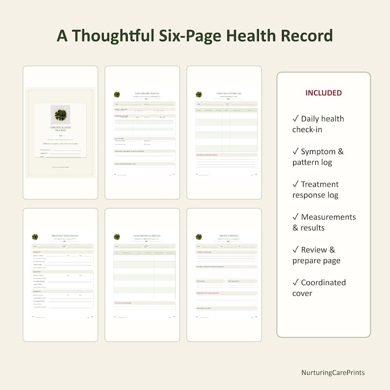 May include: A six-page health record set featuring a cover page titled Chronic Illness Tracker and five log pages for daily health, symptoms, treatment, measurements, and reviews. The text INCLUDED lists check-in, log, and result categories.